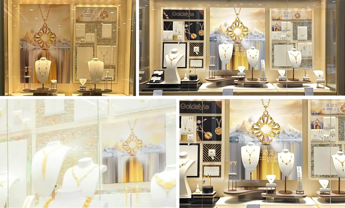 window display, store decoration, gold printing, silver printing, lenticular printing, advertising installation, creative solutions, retail brands, display stands, specialized printing