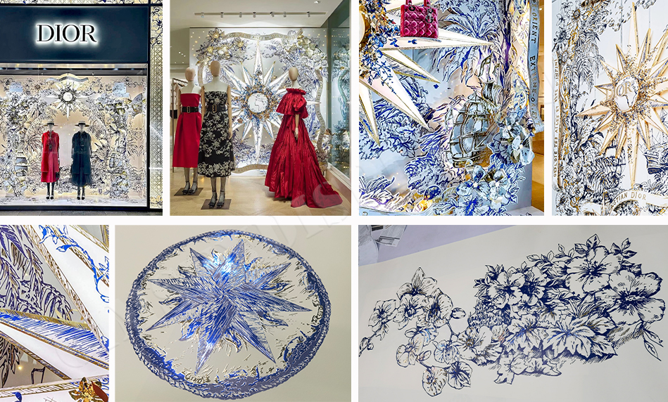 window display, store decoration, gold printing, silver printing, lenticular printing, advertising installation, creative solutions, retail brands, display stands, specialized printing